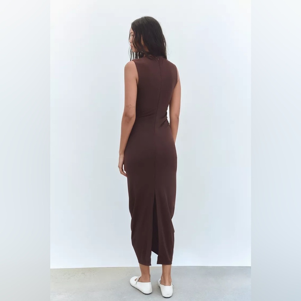 Zara long brown fitted dress midi bodycon evening cocktail casual - Picture 7 of 12